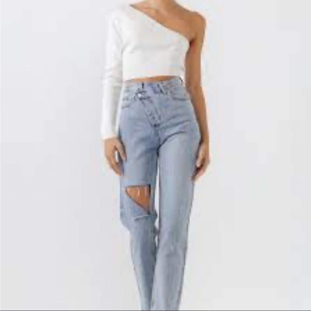 GREY LAB Asymmetrical Waist Distressed Straight Leg Jeans Size 29